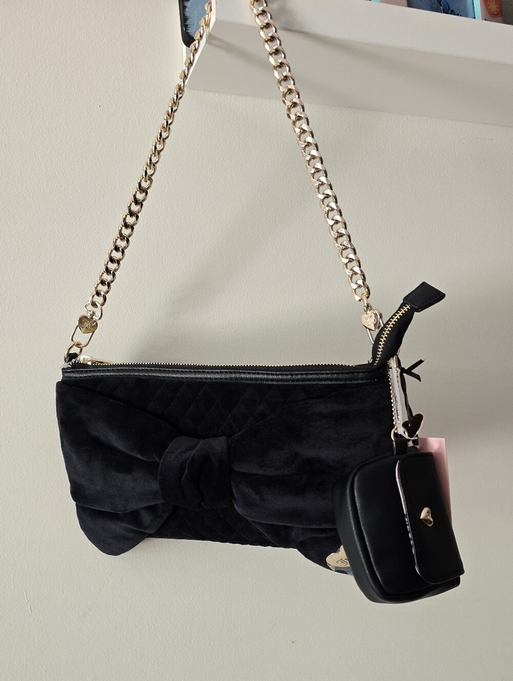 Juicy Couture Black Velvet Bow Shoulder Bag Gold Chain NWT